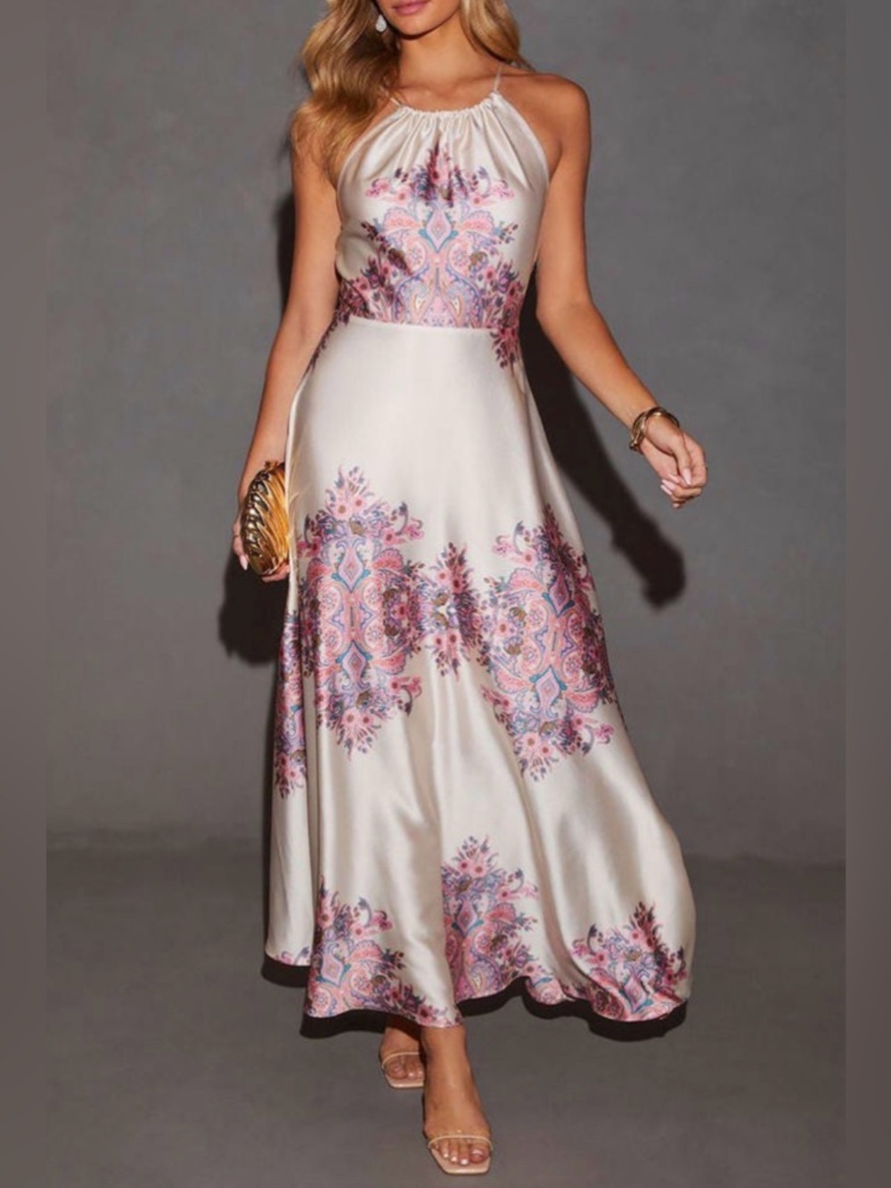 Vici Cream Halter Maxi Dress with Pink and Blue Floral Medallions Sz small